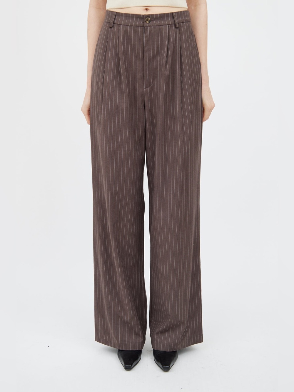 Reformation Wool Blend Pinstripe Wide Leg Pleated Trouser Pants P 2 Brown Chic